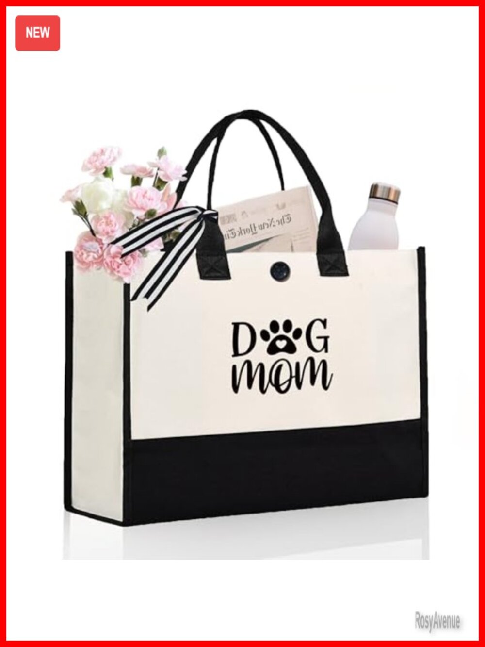 Canvas Tote Bag Dog Mom Gift Large Zip Pocket Shopper Travel